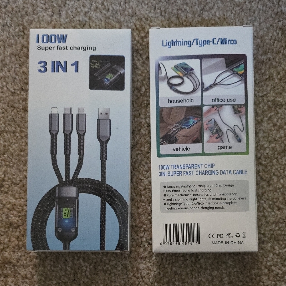 100W Super Fast Charging 3-in-1 Cable - Black